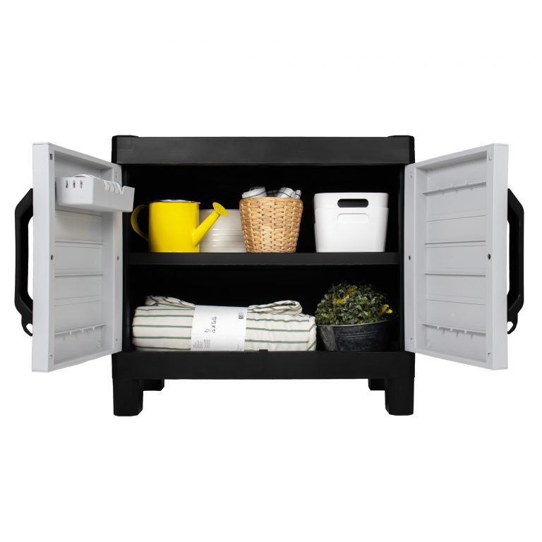 Armario pequeño montana multiusos fondo blanco puertas abiertas